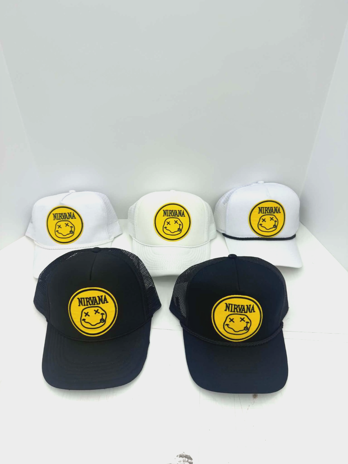 Vintage Nirvana Smiley Face Trucker Hat Snapback Foam or Rope Cap Black White