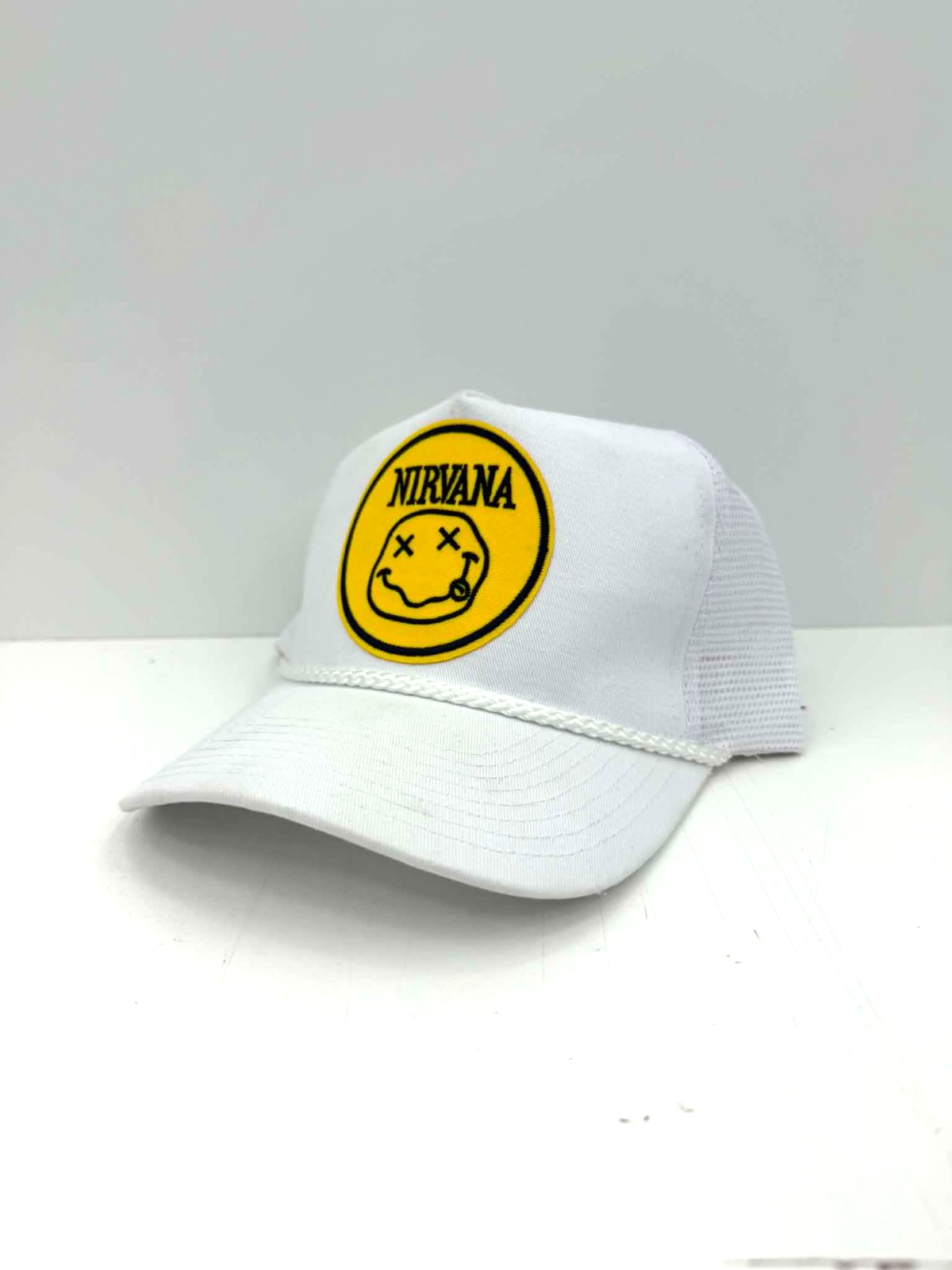Vintage Nirvana Smiley Face Trucker Hat Snapback Foam or Rope Cap Black White