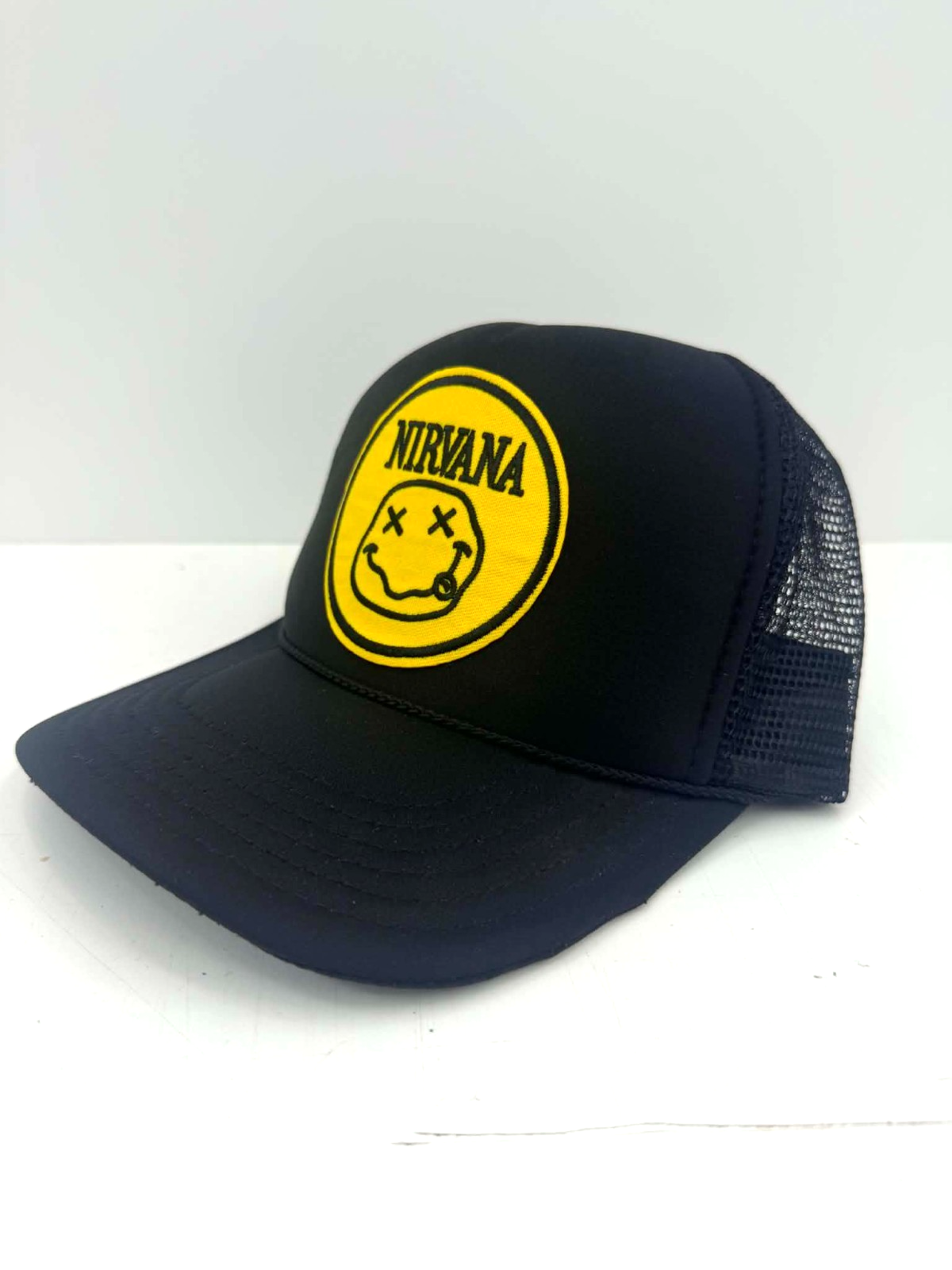 Vintage Nirvana Smiley Face Trucker Hat Snapback Foam or Rope Cap Black White