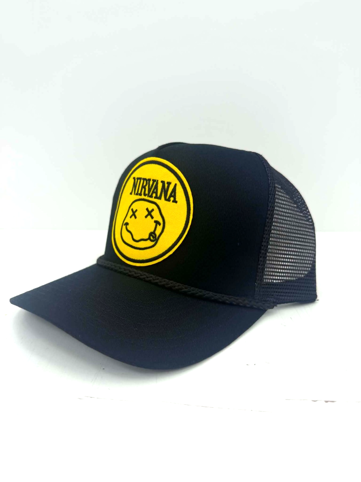 Vintage Nirvana Smiley Face Trucker Hat Snapback Foam or Rope Cap Black White