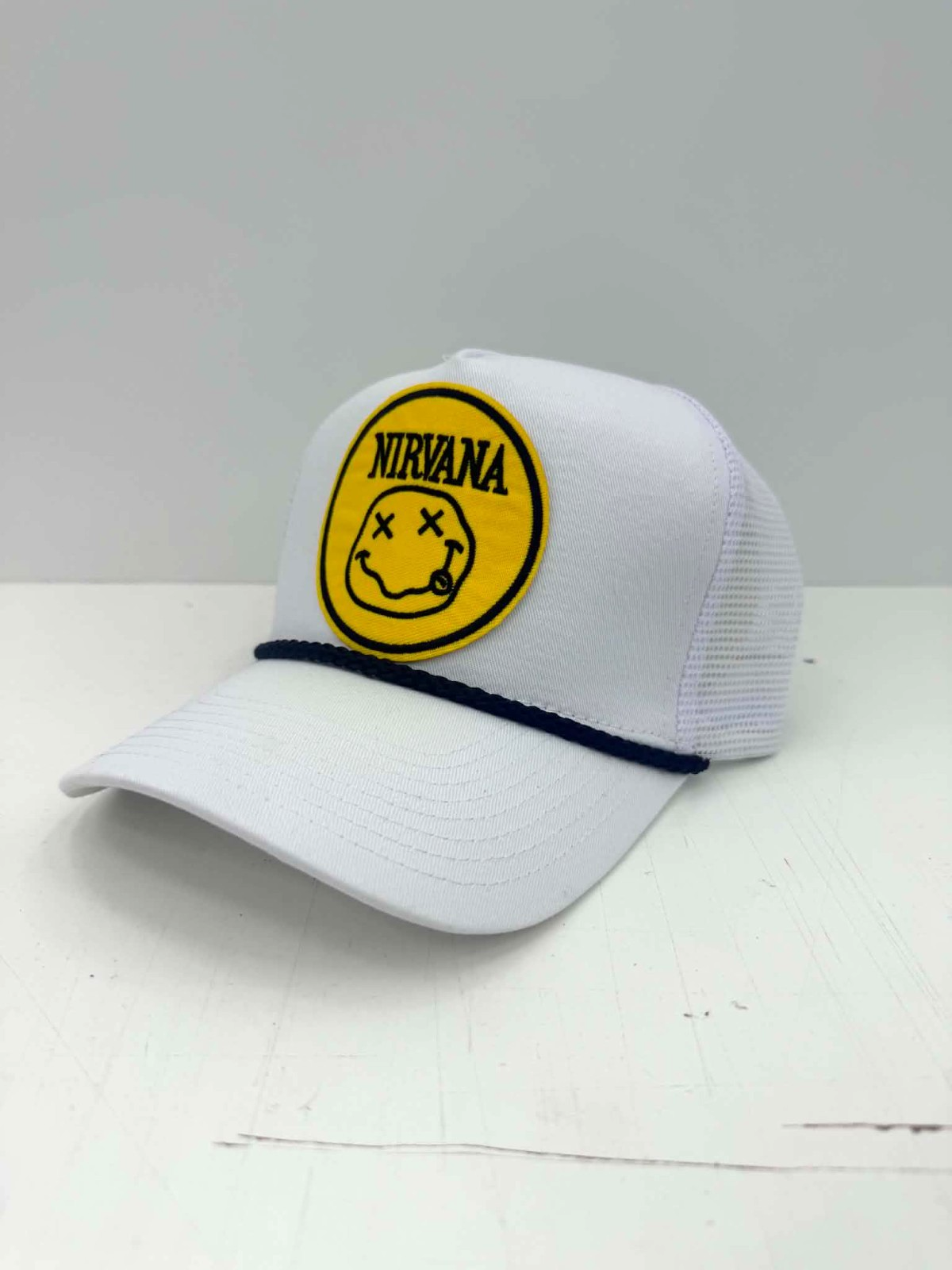 Vintage Nirvana Smiley Face Trucker Hat Snapback Foam or Rope Cap Black White