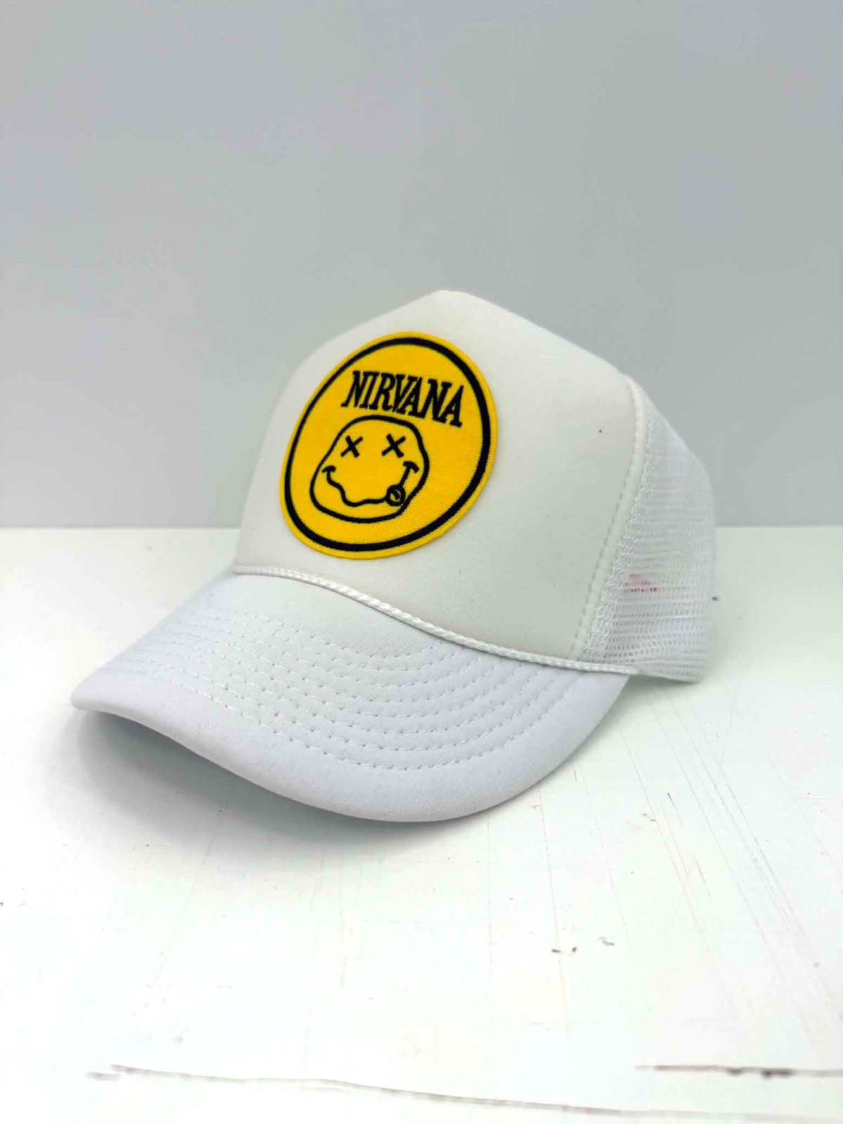Vintage Nirvana Smiley Face Trucker Hat Snapback Foam or Rope Cap Black White