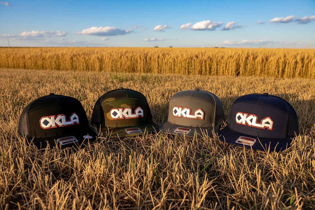OKLA Southwest Geometric Patch 7 Panel Trucker Hat | Oklahoma Inspired Snapback Cap | Flat Bill Mesh Hat | Black Camo Navy Charcoal