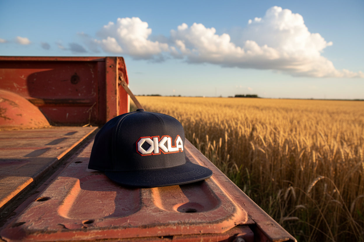 Navy blue cap with 'OKLA' text on a white background