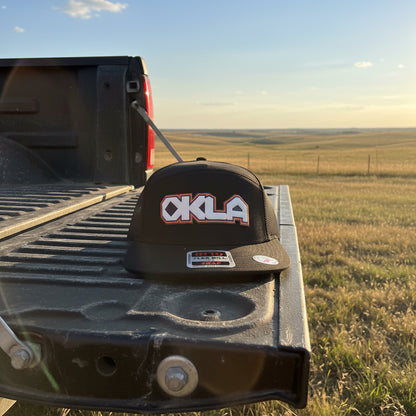 OKLA Southwest Geometric Patch 7 Panel Trucker Hat | Oklahoma Inspired Snapback Cap | Flat Bill Mesh Hat | Black Camo Navy Charcoal
