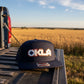 OKLA Southwest Geometric Patch 7 Panel Trucker Hat | Oklahoma Inspired Snapback Cap | Flat Bill Mesh Hat | Black Camo Navy Charcoal