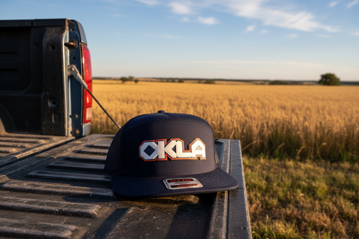 OKLA Southwest Geometric Patch 7 Panel Trucker Hat | Oklahoma Inspired Snapback Cap | Flat Bill Mesh Hat | Black Camo Navy Charcoal