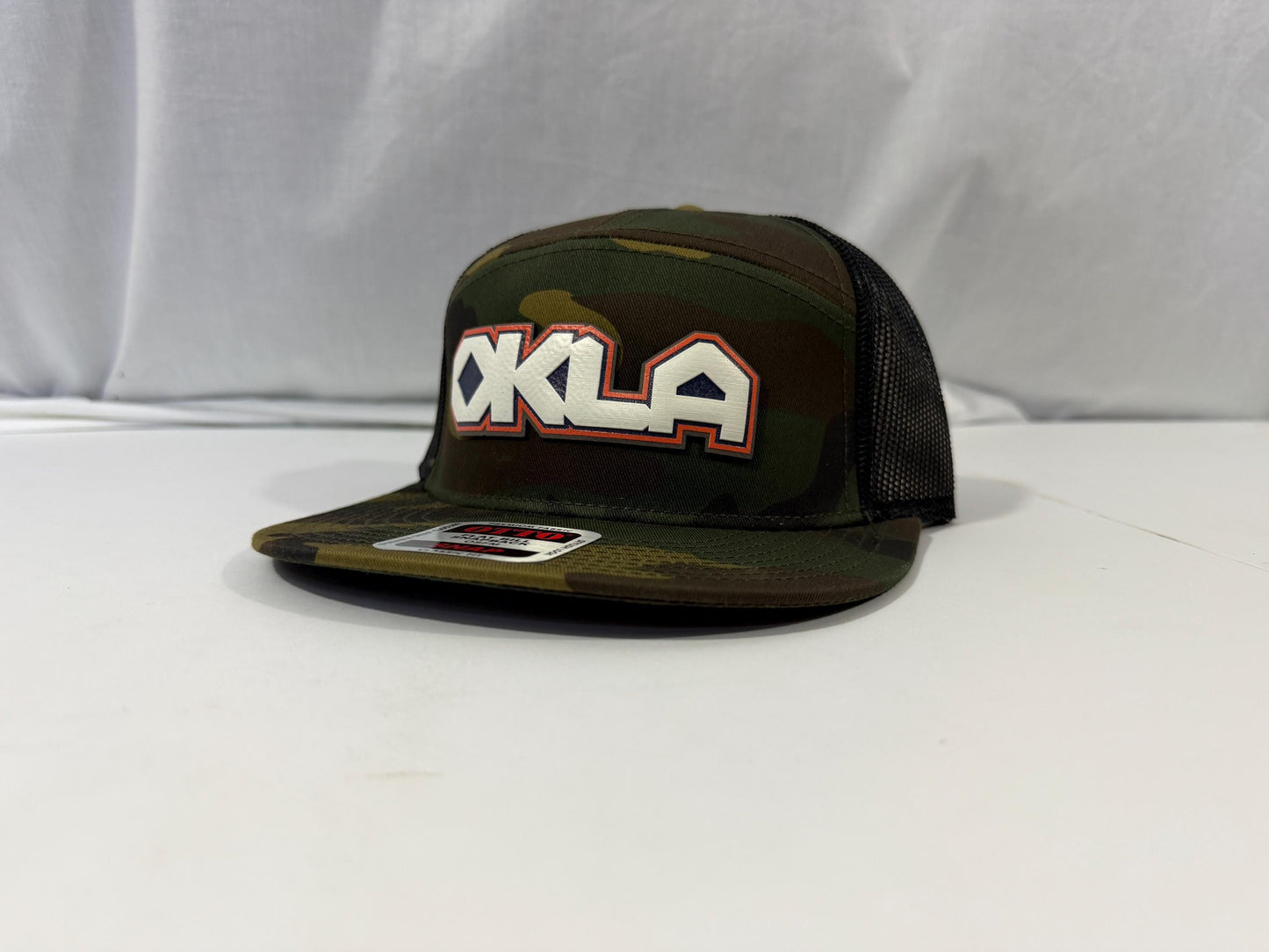 OKLA Southwest Geometric Patch 7 Panel Trucker Hat | Oklahoma Inspired Snapback Cap | Flat Bill Mesh Hat | Black Camo Navy Charcoal