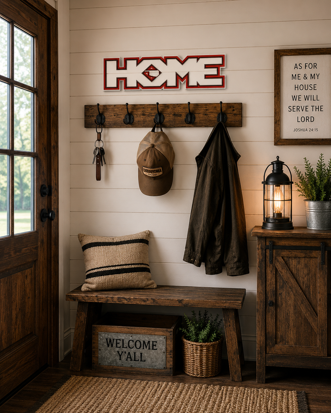 Nestled entryway with wooden bench, coat rack, and decorative items against a white paneled wall.