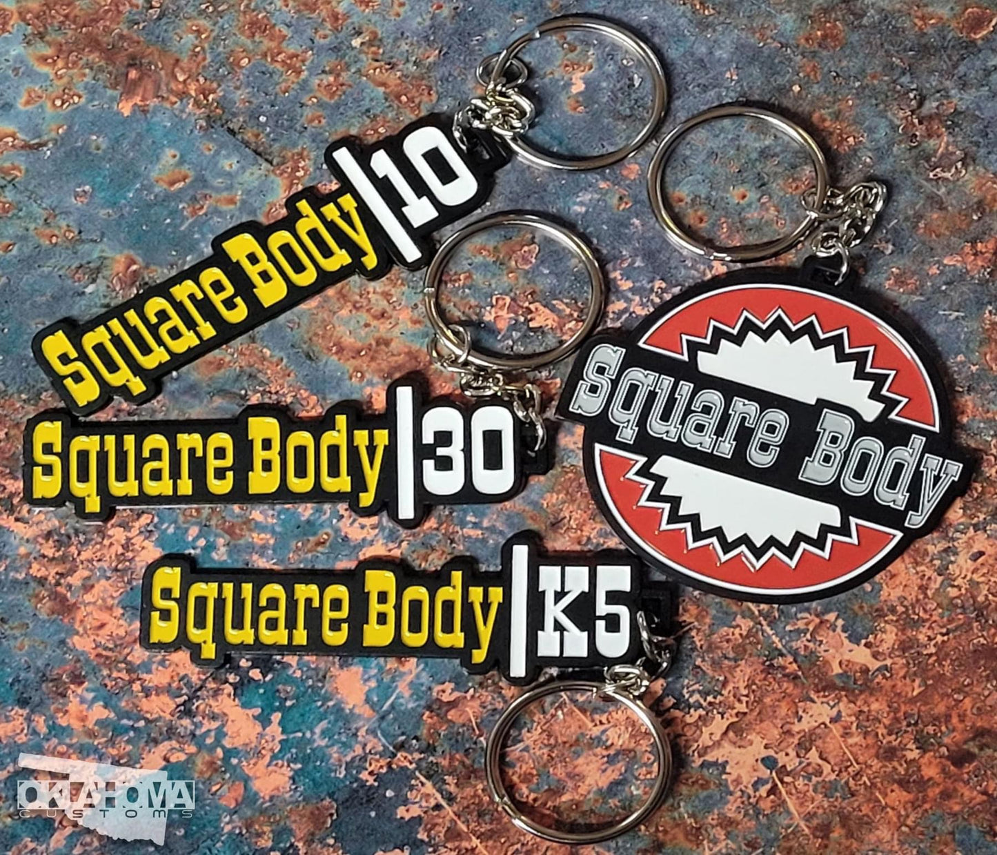 Square Body Round - Metal Keychain Chevy Chevrolet - Stamped Metal Enamel Paint Fill - 2.5 Inches - Oklahoma Customs Original Design