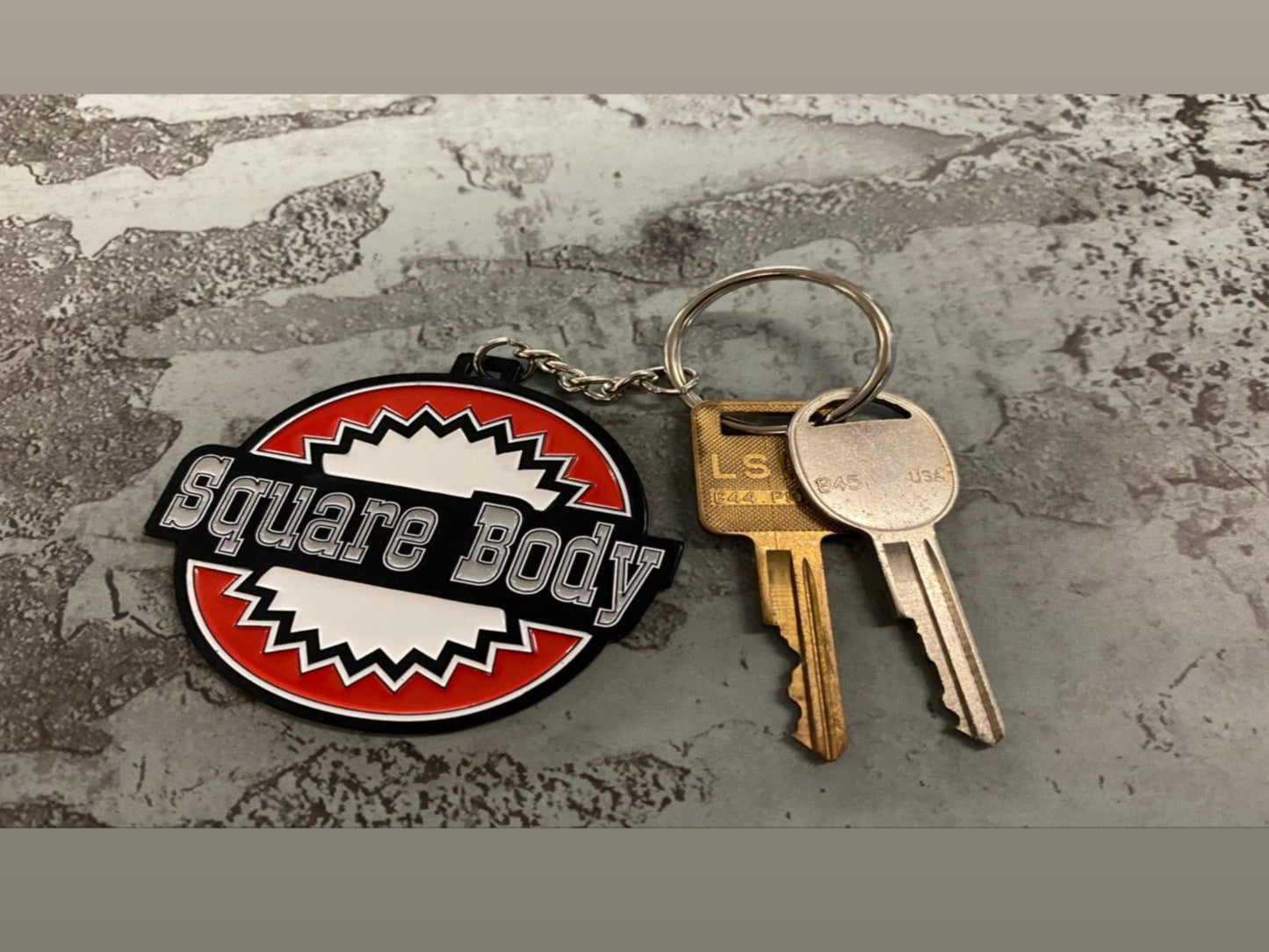 Square Body Round - Metal Keychain Chevy Chevrolet - Stamped Metal Enamel Paint Fill - 2.5 Inches - Oklahoma Customs Original Design