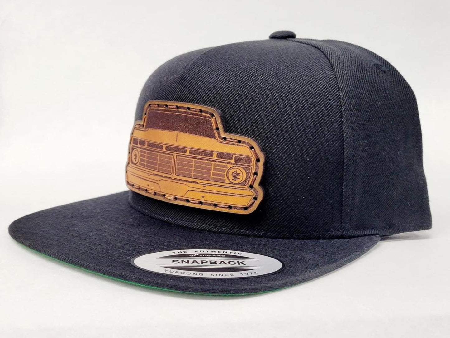 Hand-Sewn Leather Patch Snapback Hat - FORD F100 Design by Oklahoma Customs - Flat Bill, Wool Blend - Perfect Gift for Car Enthusiasts