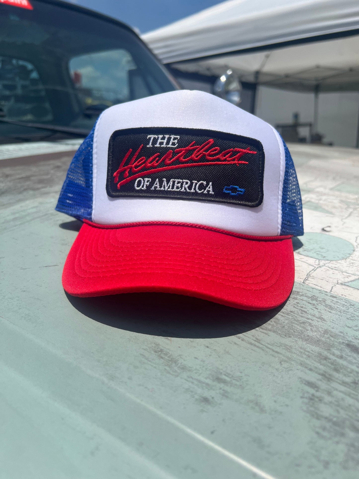 Vintage Chevy Heartbeat of America Neon Snapback Trucker Hat - Foam Mesh Cap with Vibrant Colors - Perfect Gift for Chevy Fans