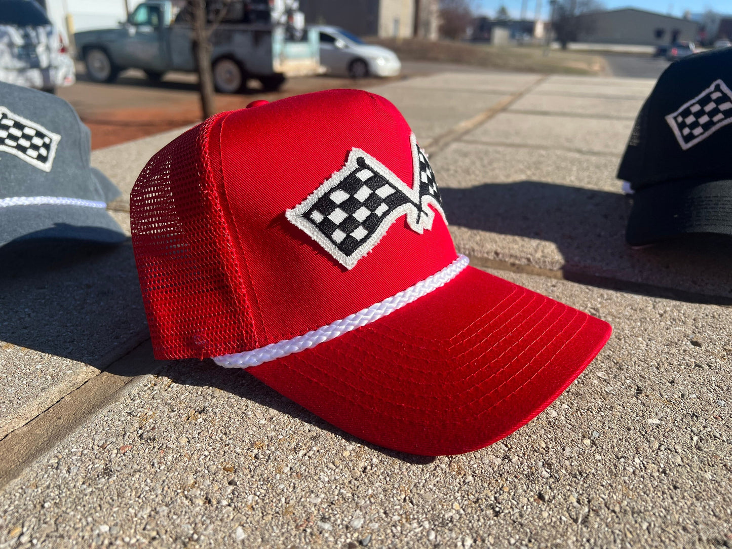 Vintage Patch Racing Checkered Flag Rope Trucker Snapback Hat 7 Color Variations - Perfect for Racing Enthusiasts and Car Fans Unique Design