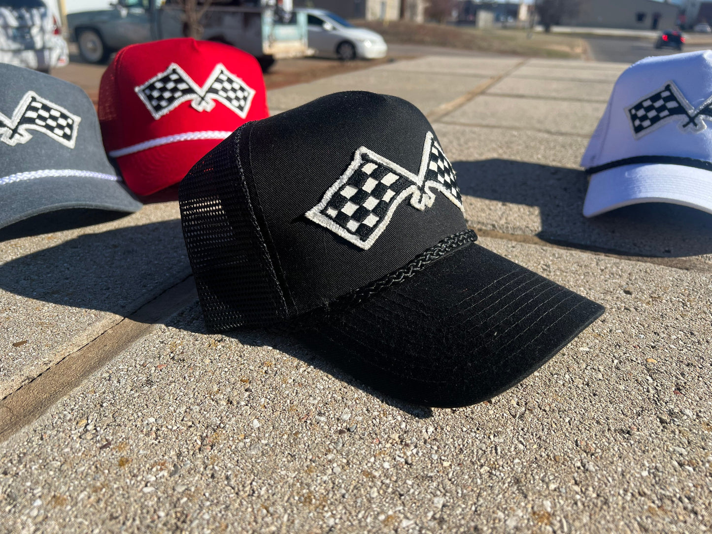 Vintage Patch Racing Checkered Flag Rope Trucker Snapback Hat 7 Color Variations - Perfect for Racing Enthusiasts and Car Fans Unique Design