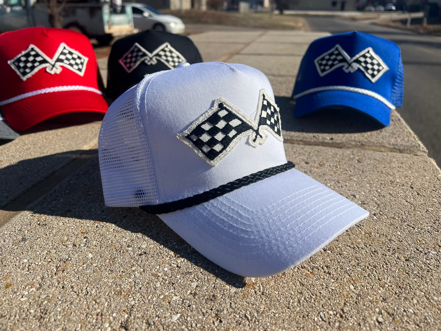 Vintage Patch Racing Checkered Flag Rope Trucker Snapback Hat 7 Color Variations - Perfect for Racing Enthusiasts and Car Fans Unique Design
