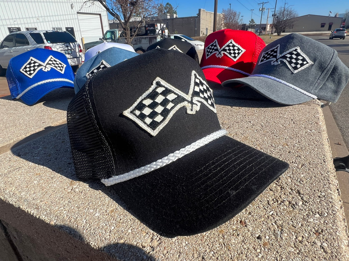 Vintage Patch Racing Checkered Flag Rope Trucker Snapback Hat 7 Color Variations - Perfect for Racing Enthusiasts and Car Fans Unique Design