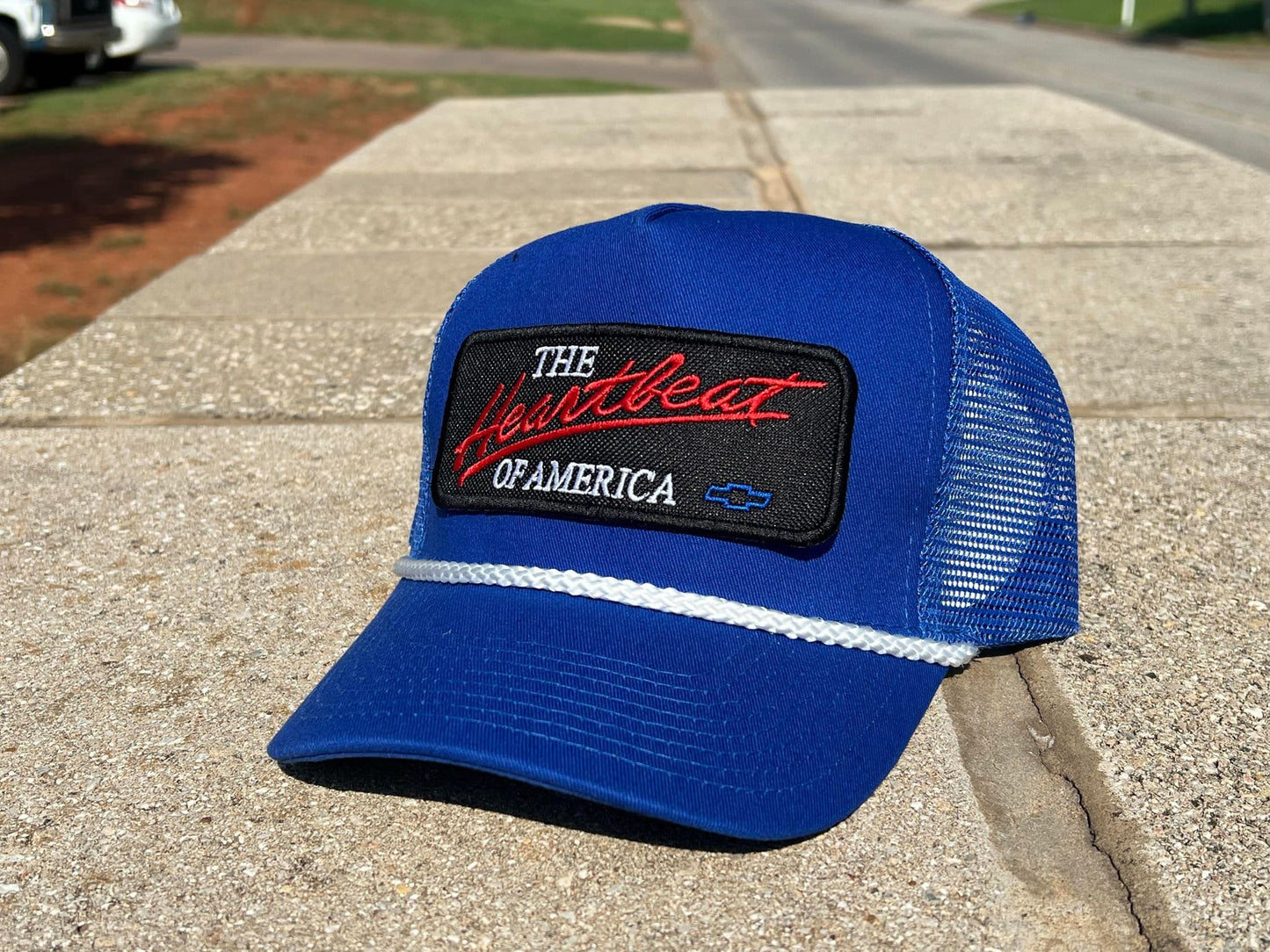 Vintage Chevrolet Heartbeat of America Rope Snapback Trucker Mesh Hat with Chevy Patch - Classic Chevy Truck Apparel for Men and Women